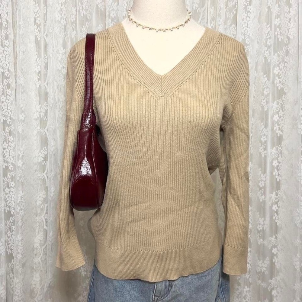 Vintage Y2K Faded‎ Glory Tan Ribbed Knit Sweater V Neck Womens M Preppy